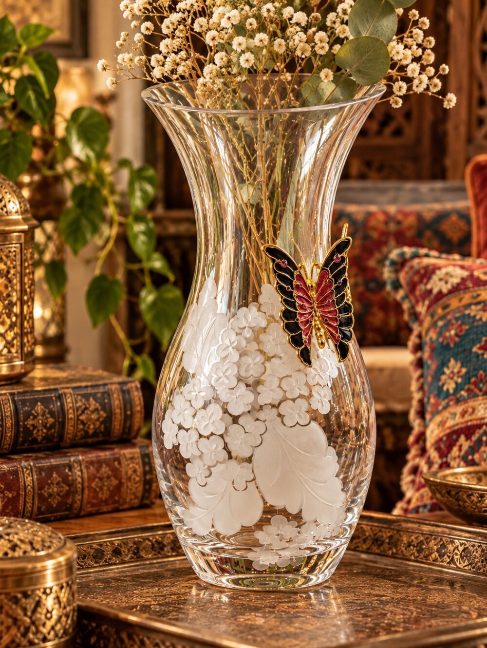 Vintage Frosted Floral Clear Glass Vase with Jeweled Enamel Butterfly